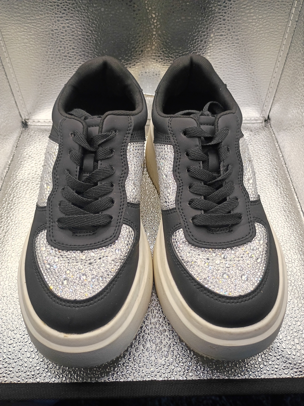 Platform Lace-Up Sneakers with Silver Rhinestone Panels - Picture 2 of 9